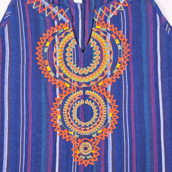 L Love Boho Embroidered Tank Top Size M Navy V-Neck Striped Sleeveless Festival - Picture 6 of 13